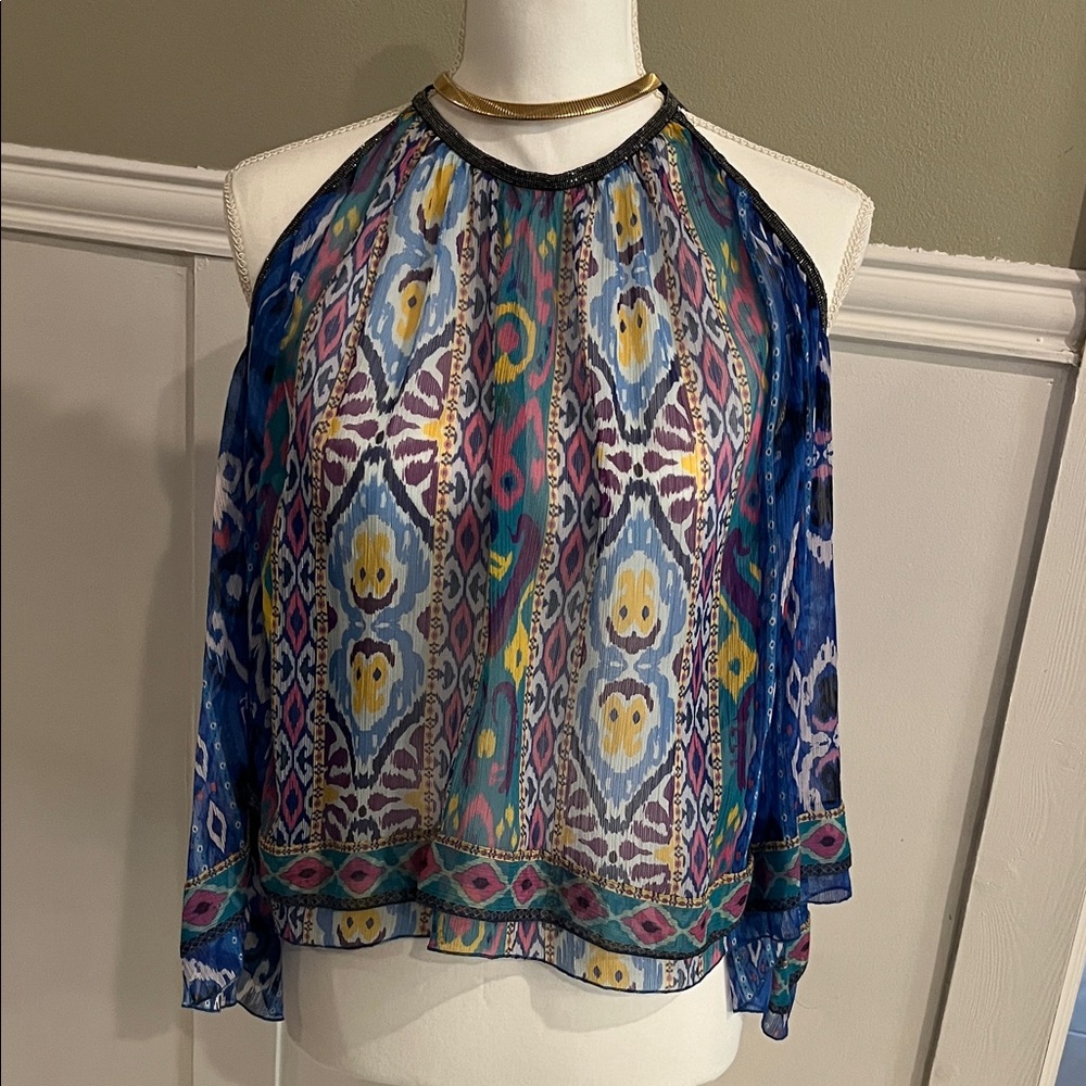 Zara Blue Yellow Boho Patterned Halter Cape Blouse Small Medium